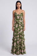 A Line Dark Green Spaghetti Straps Floral Wedding Guest Dress