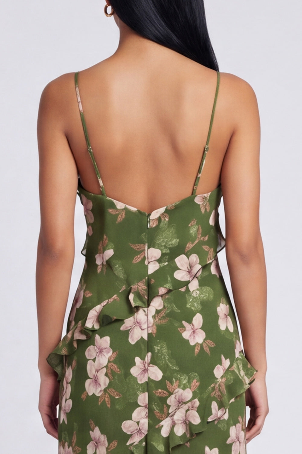 A Line Dark Green Spaghetti Straps Floral Wedding Guest Dress