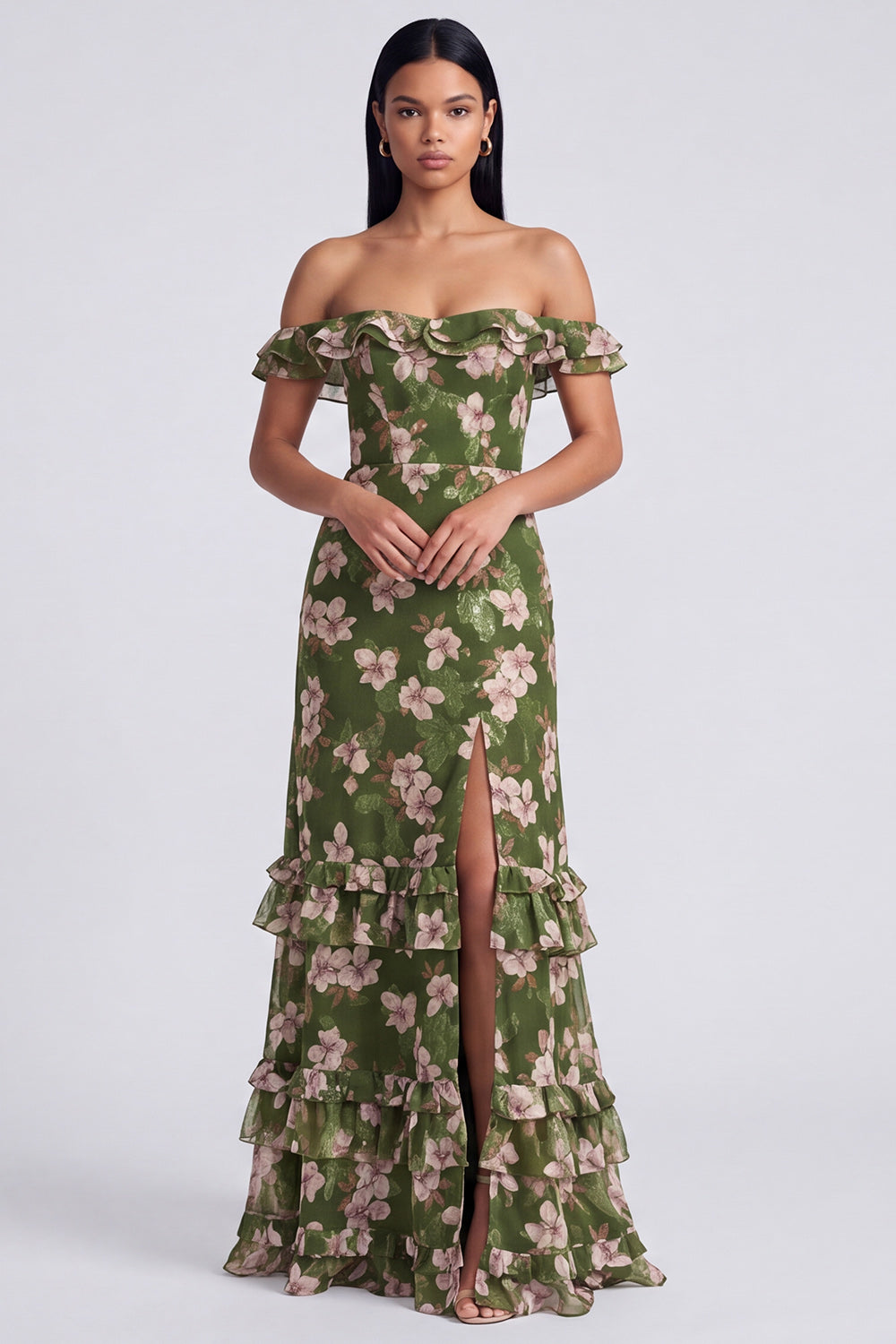Off the Shoulder Dark Green Floral Wedding Guest Dress with Slit