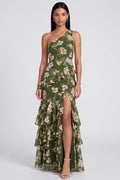 One Shoulder Mermaid Dark Green Floral Wedding Guest Dress with Slit