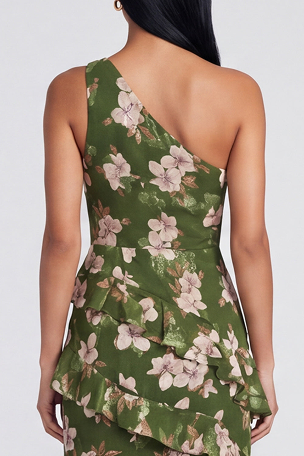 One Shoulder Mermaid Dark Green Floral Wedding Guest Dress with Slit
