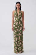 Dark Green Halter Sheath Floral Wedding Guest Dress