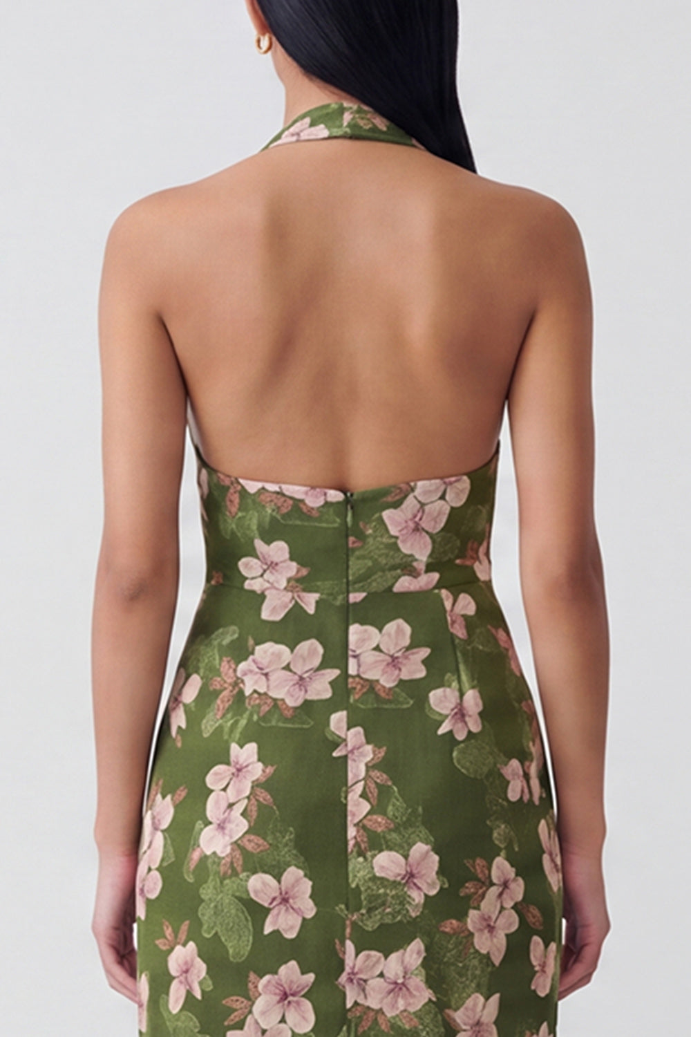 Dark Green Halter Sheath Floral Wedding Guest Dress