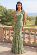 One Shoulder Dusty Green Mermaid Floral Wedding Guest Dress
