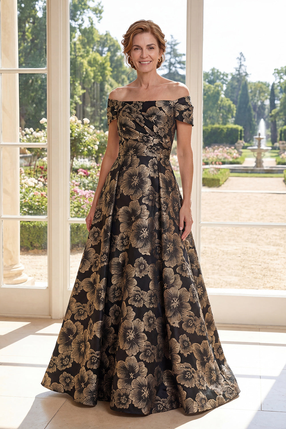 Black Floral Off the Shoulder A Line Mother of the Bride Dress
