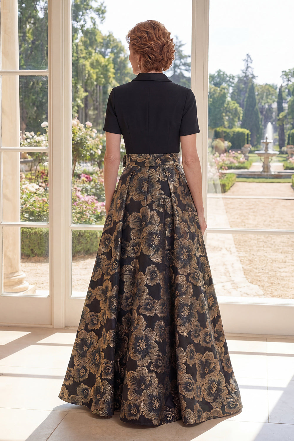 Black Floral Notched Lapel A Line Maxi Mother of the Bride Dress