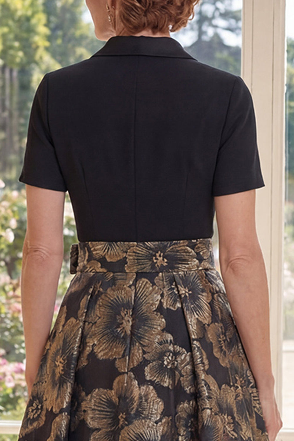 Black Floral Notched Lapel A Line Maxi Mother of the Bride Dress