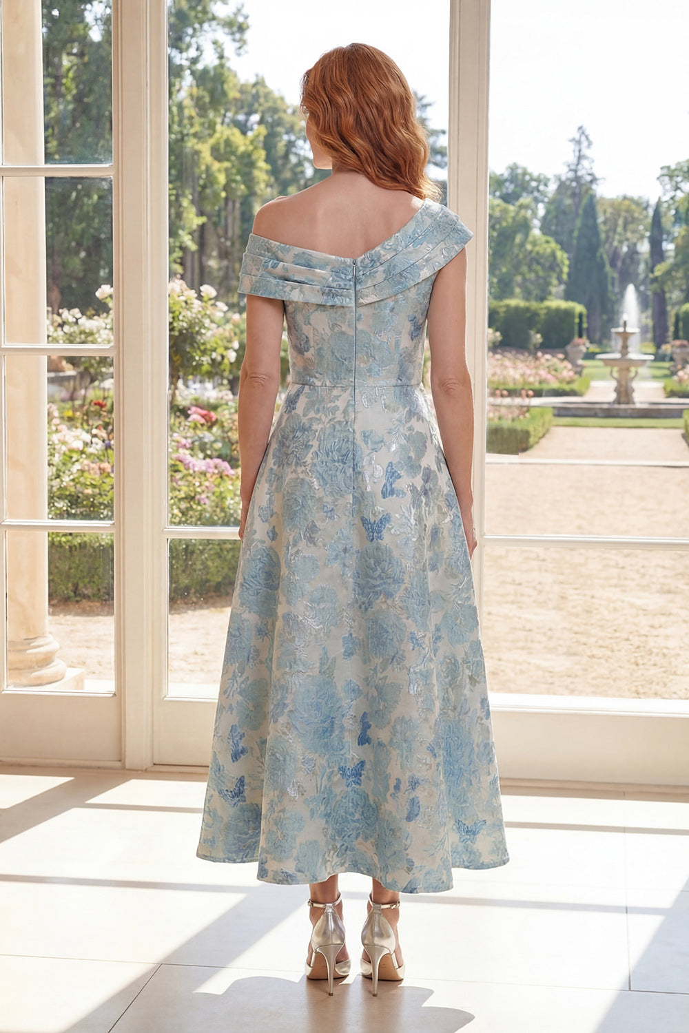 Asymmetrical Neck Floral Blue A Line Mother of the Bride Dress