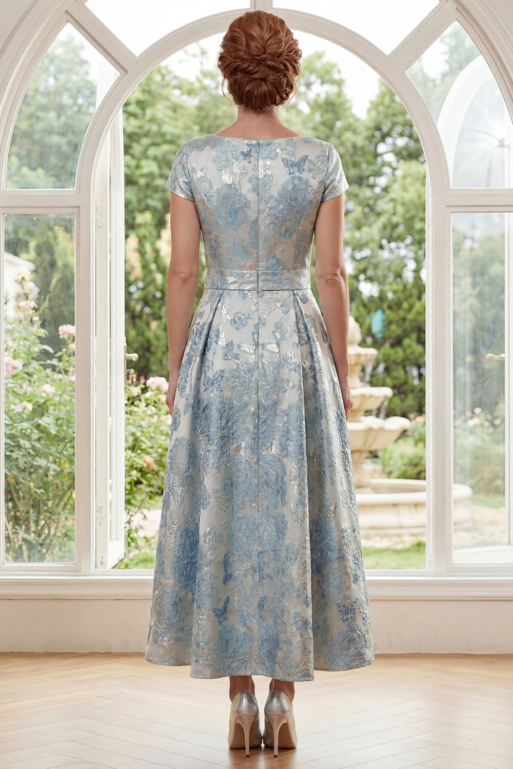A Line Floral Blue Mother of the Bride Dress with Short Sleeves