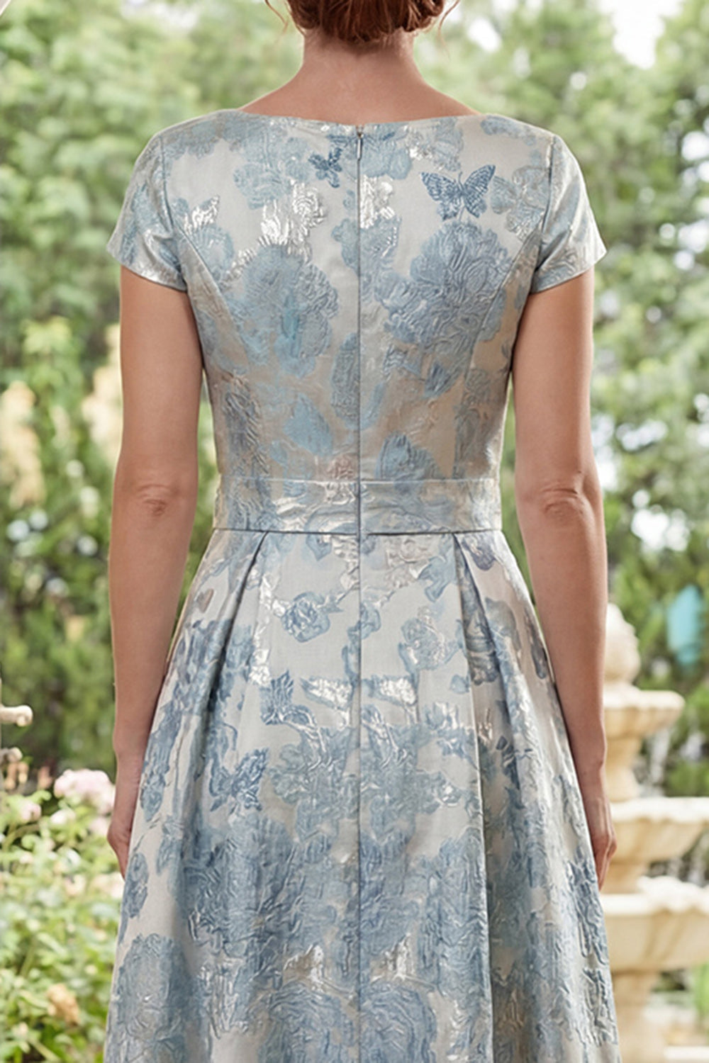 A Line Floral Blue Mother of the Bride Dress with Short Sleeves