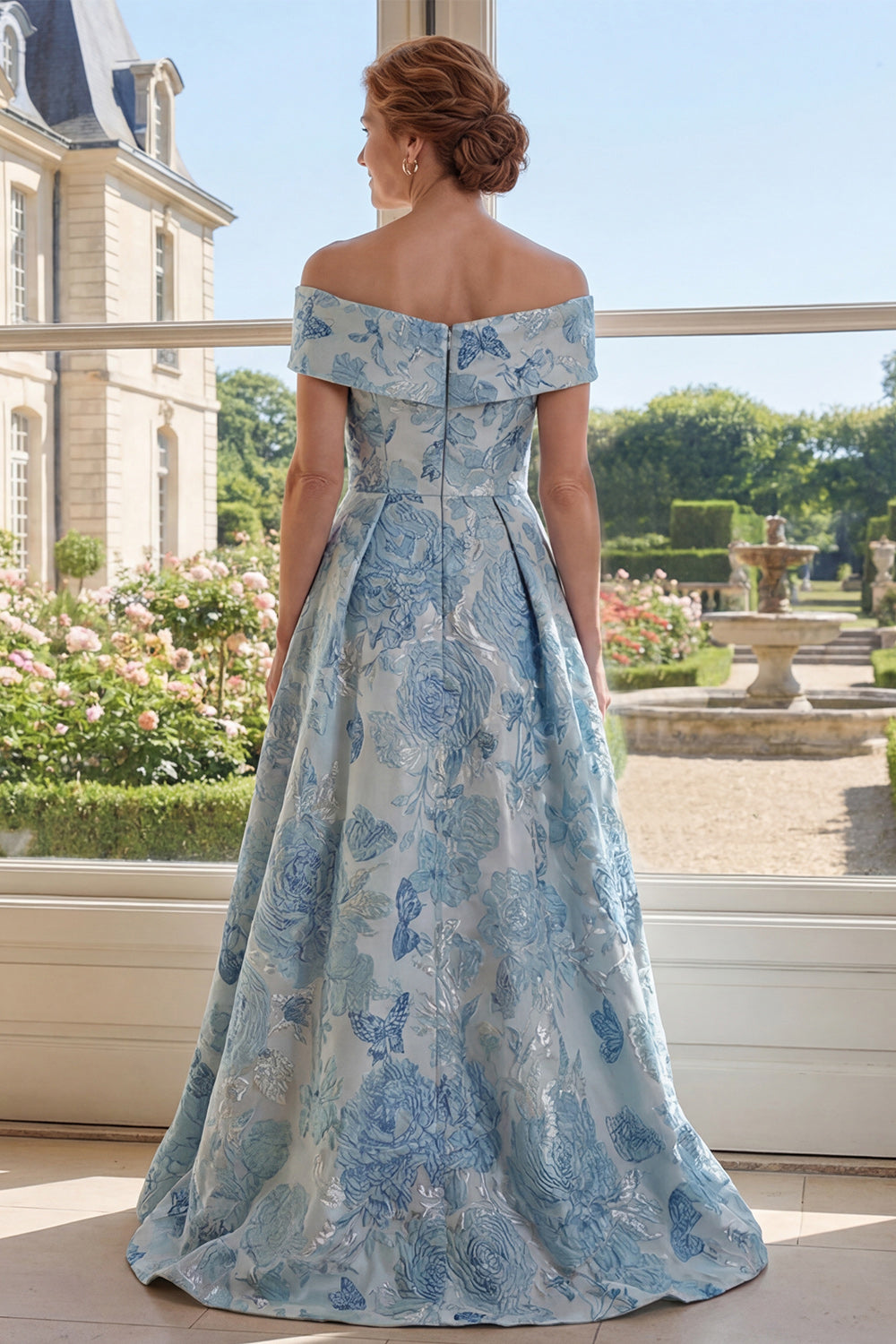 Off the Shoulder A Line Floral Blue Maxi Mother of the Bride Dress
