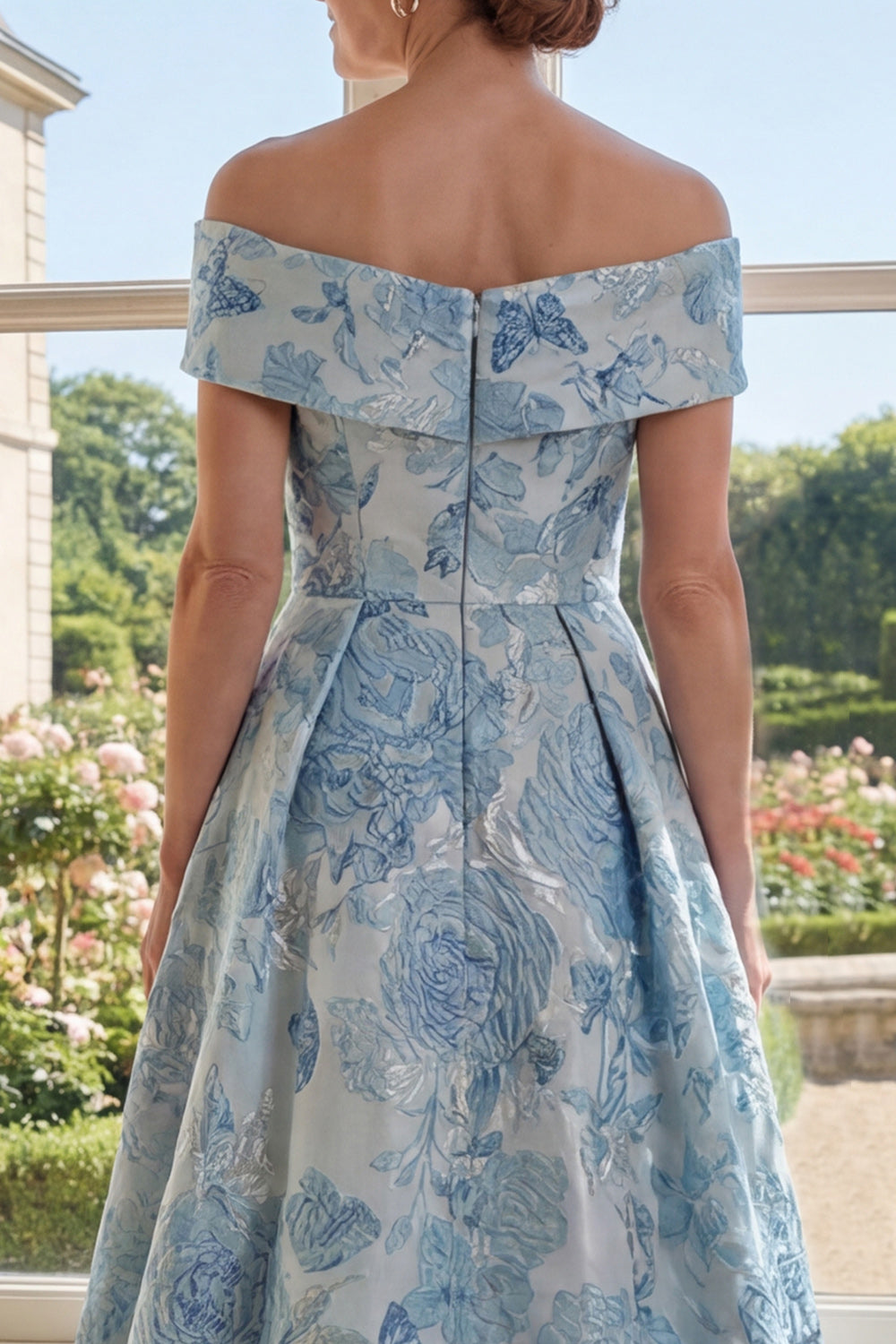 Off the Shoulder A Line Floral Blue Maxi Mother of the Bride Dress