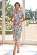 Off the Shoulder Floral Dusty Blue Bodycon Mother of the Bride Dress