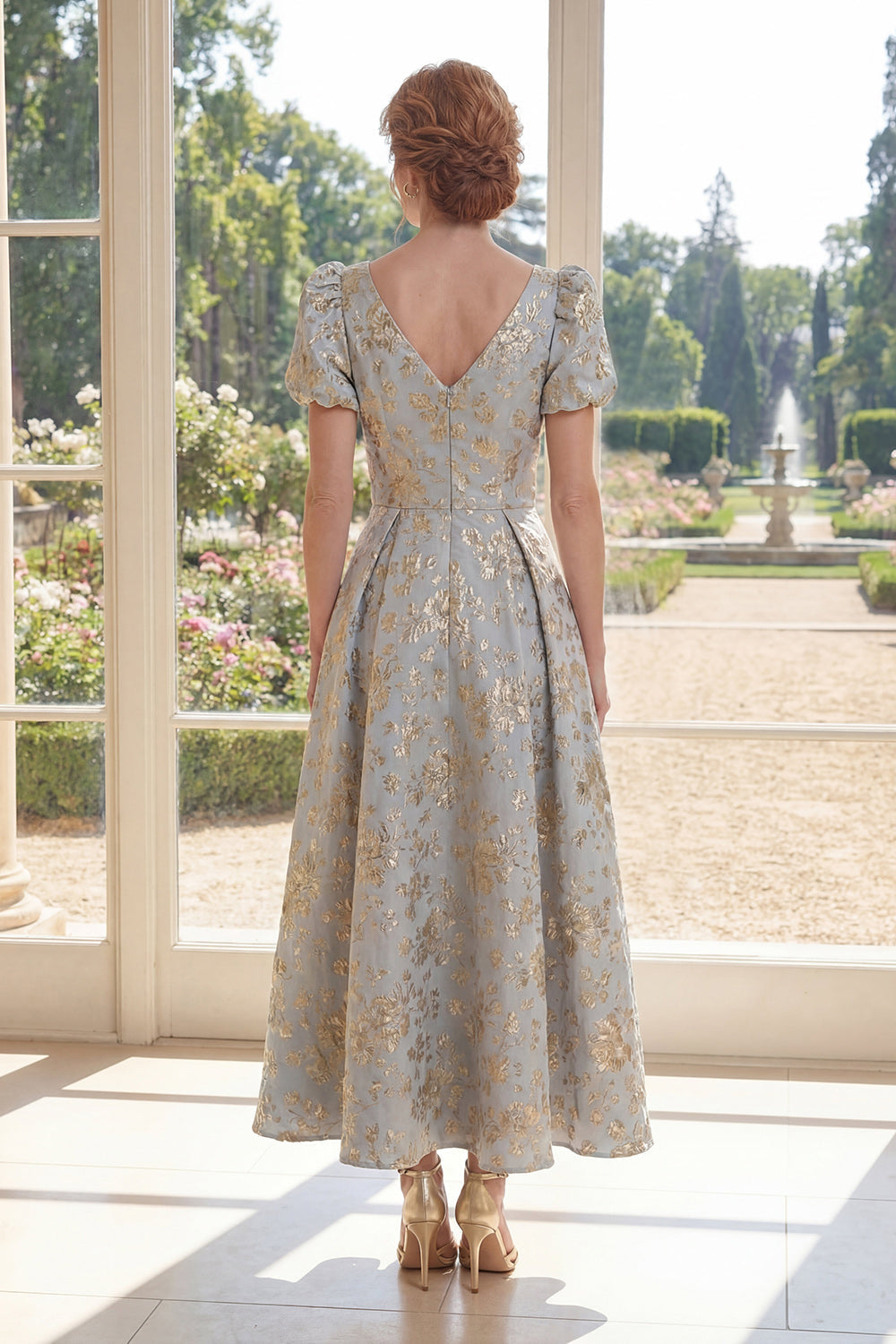 Floral Dusty Blue A Line V Neck Mother of the Bride Dress