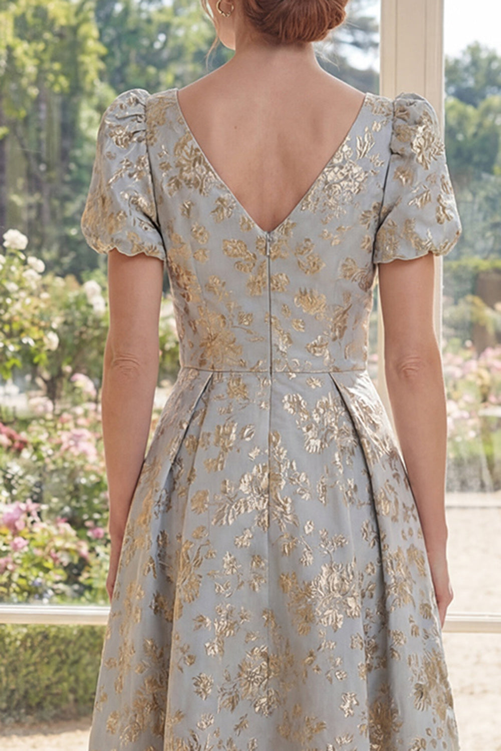 Floral Dusty Blue A Line V Neck Mother of the Bride Dress