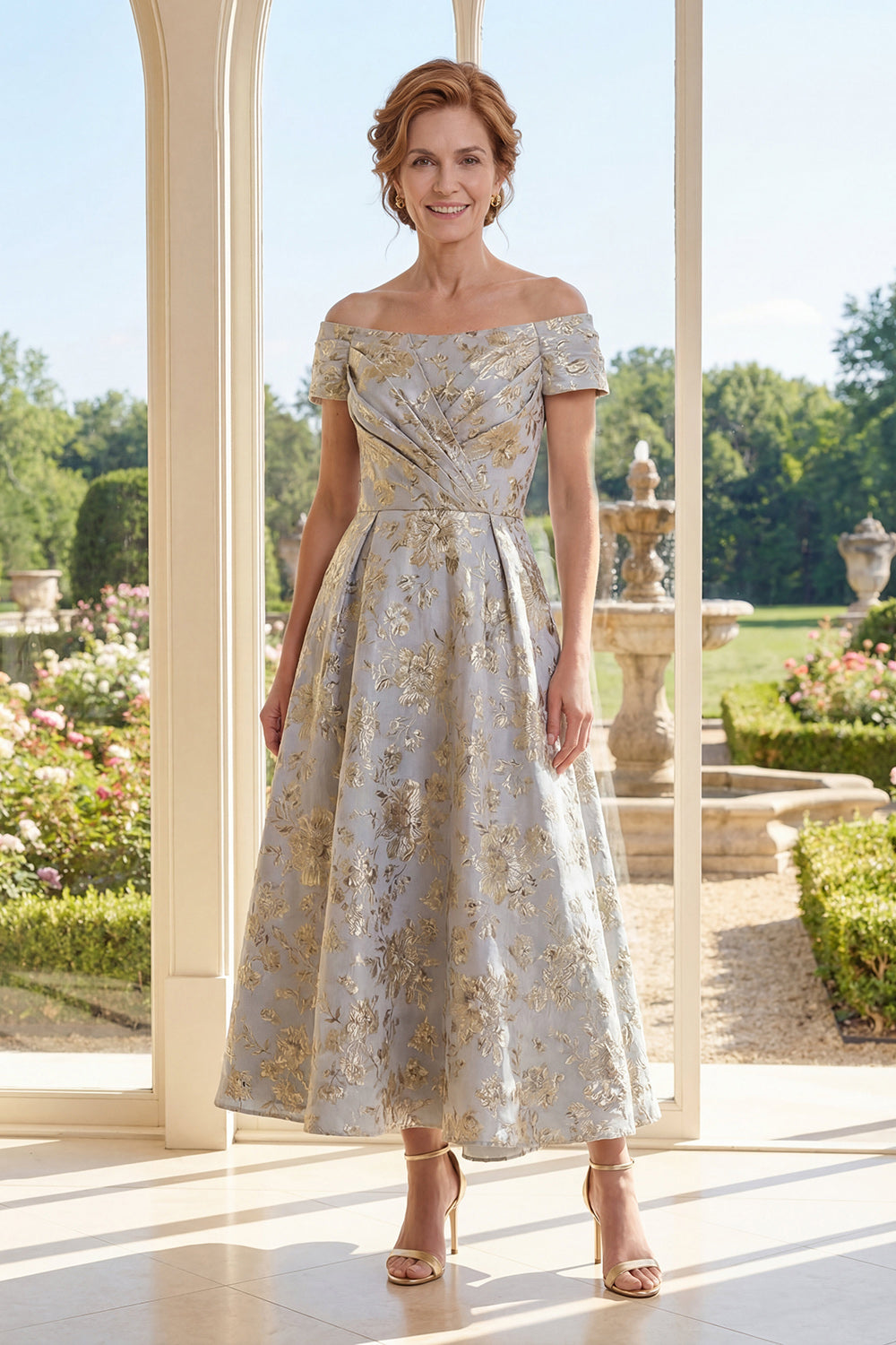 Floral Off the Shoulder Dusty Blue A Line Mother of the Bride Dress