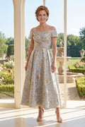 Floral Off the Shoulder Dusty Blue A Line Mother of the Bride Dress