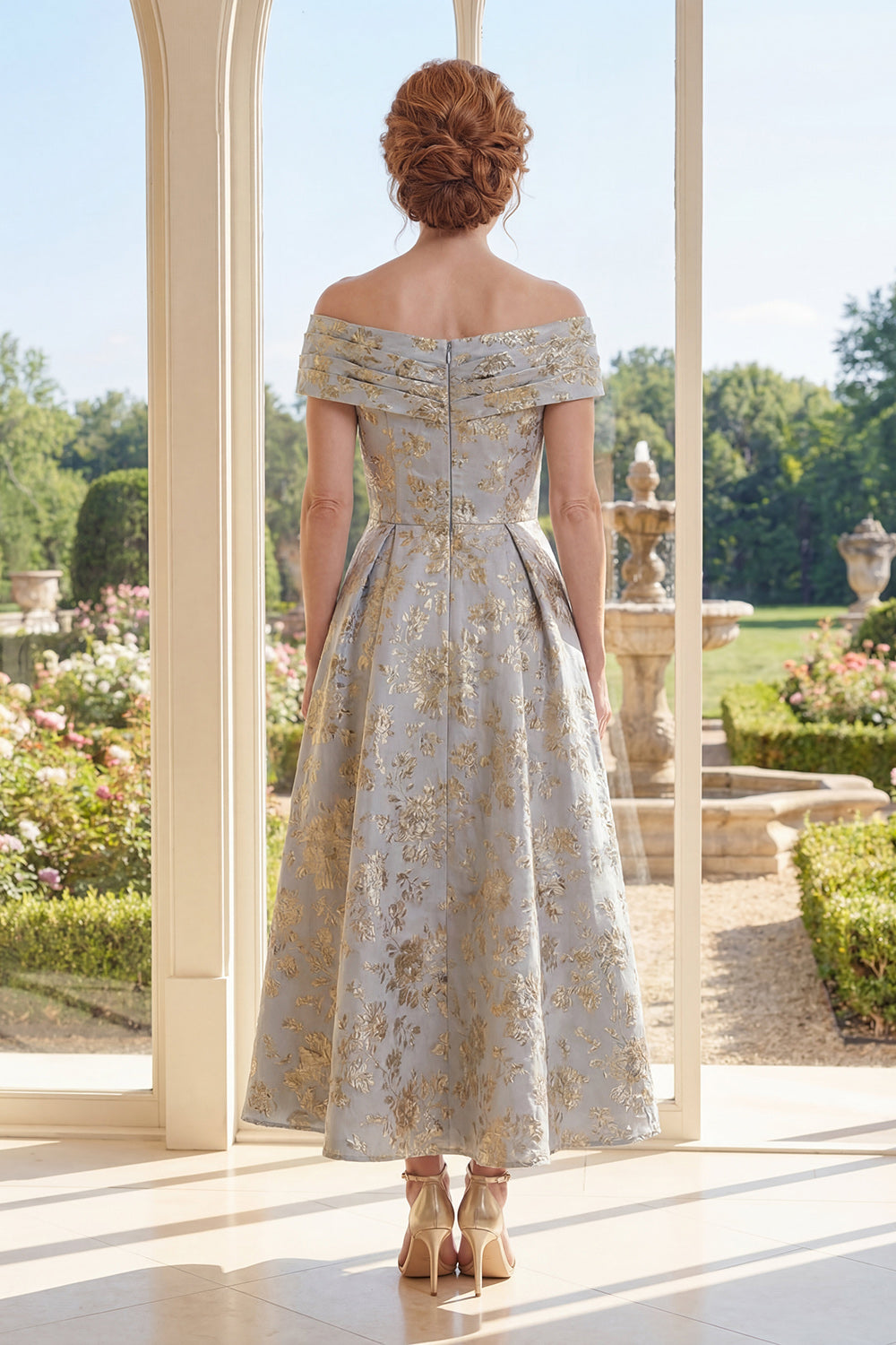 Floral Off the Shoulder Dusty Blue A Line Mother of the Bride Dress