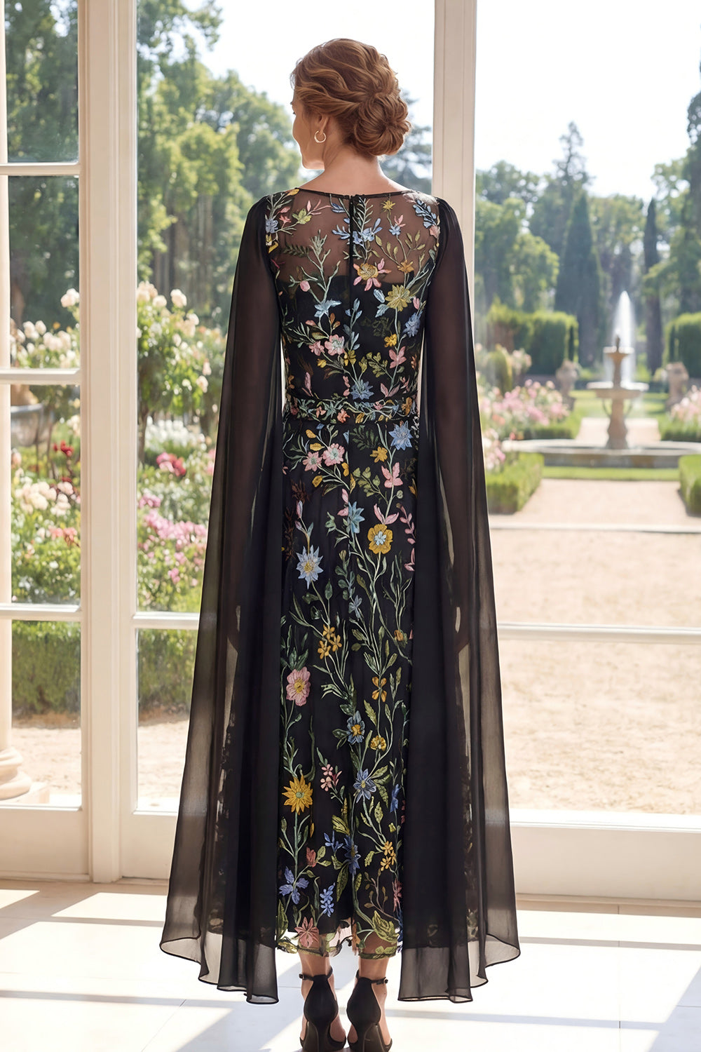 Black Floral A Line Mother of the Bride Dress with Cape Sleeves