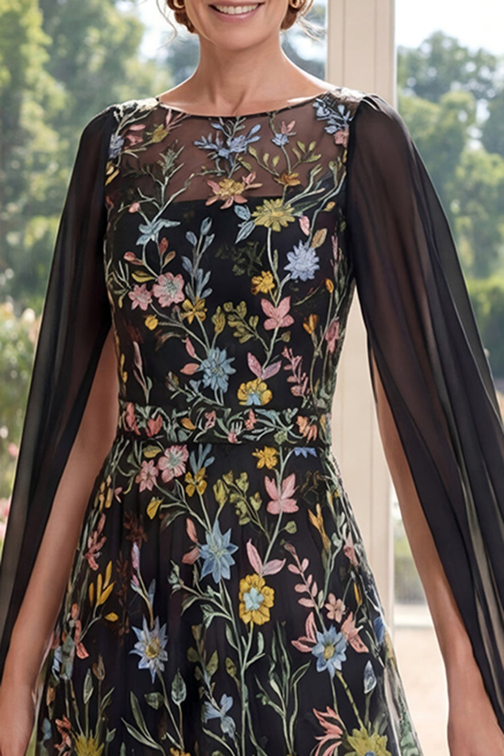 Black Floral A Line Mother of the Bride Dress with Cape Sleeves