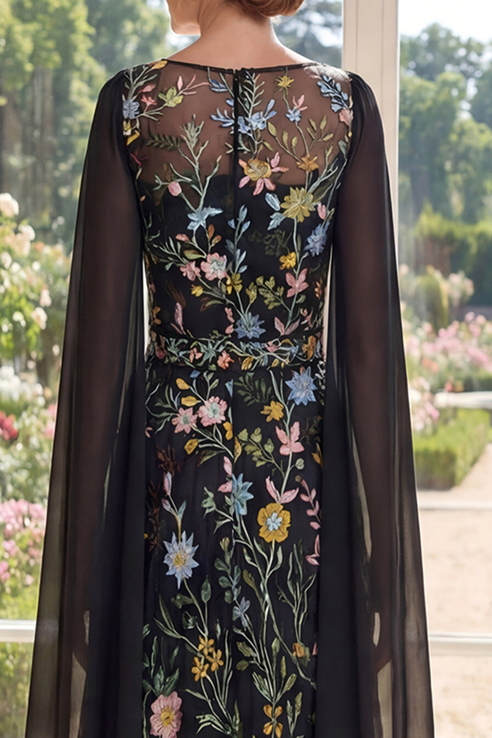 Black Floral A Line Mother of the Bride Dress with Cape Sleeves