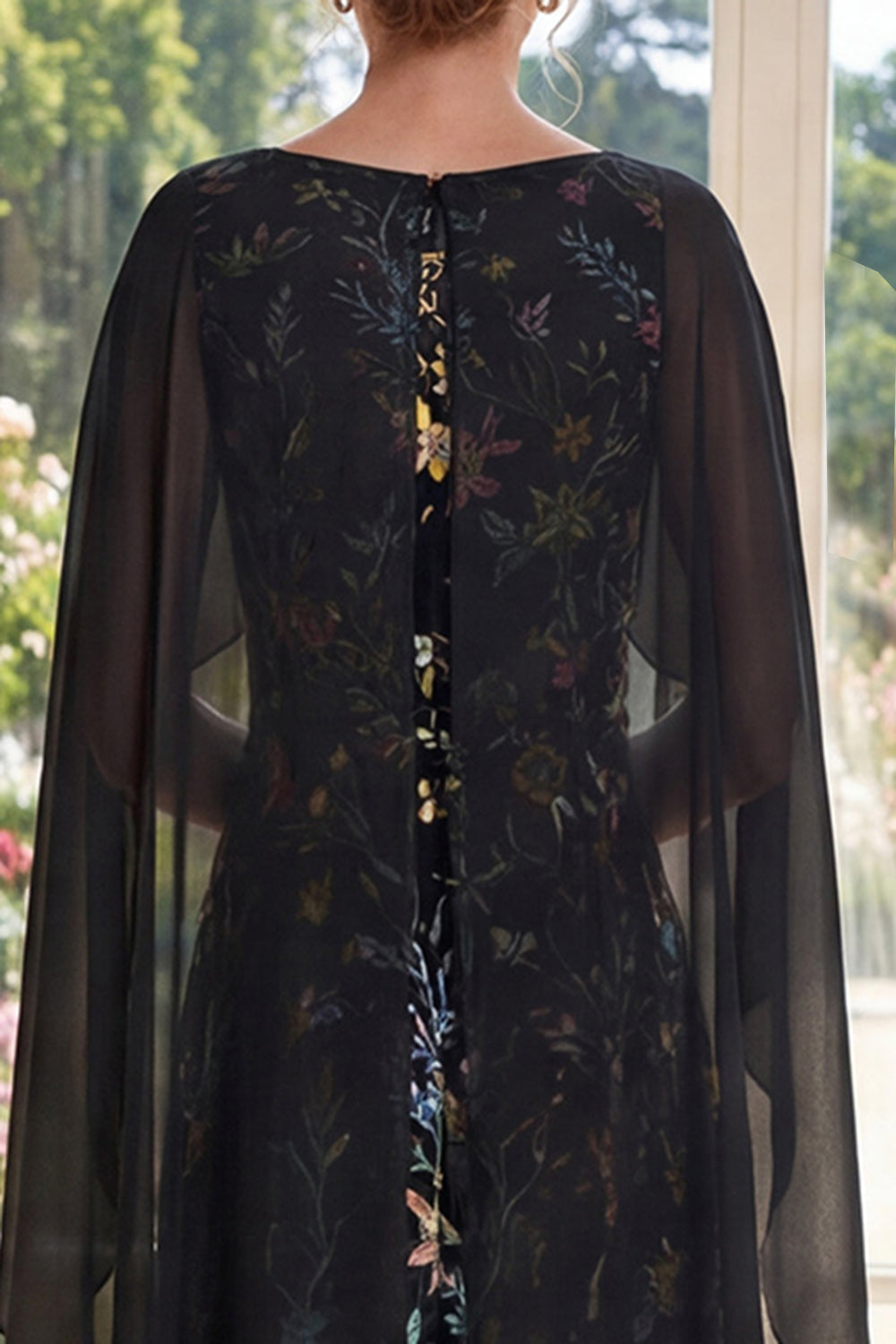 Boat Neck Black Floral A Line Maxi Mother of the Bride Dress