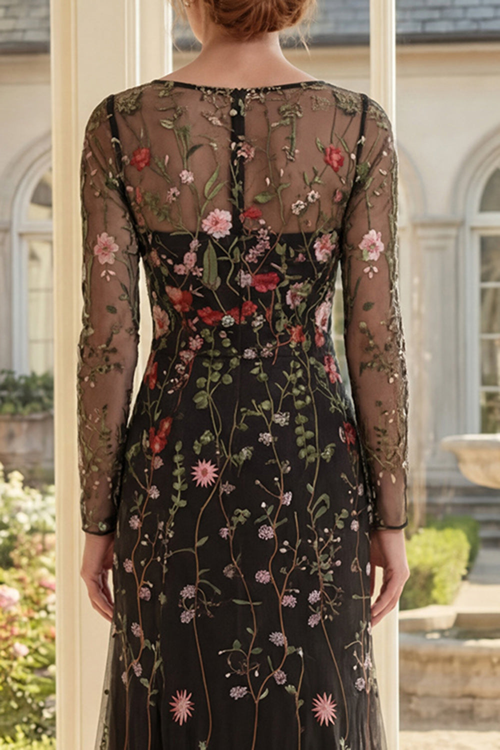 Long Sleeve Black Floral Mermaid Mother of the Bride Dress