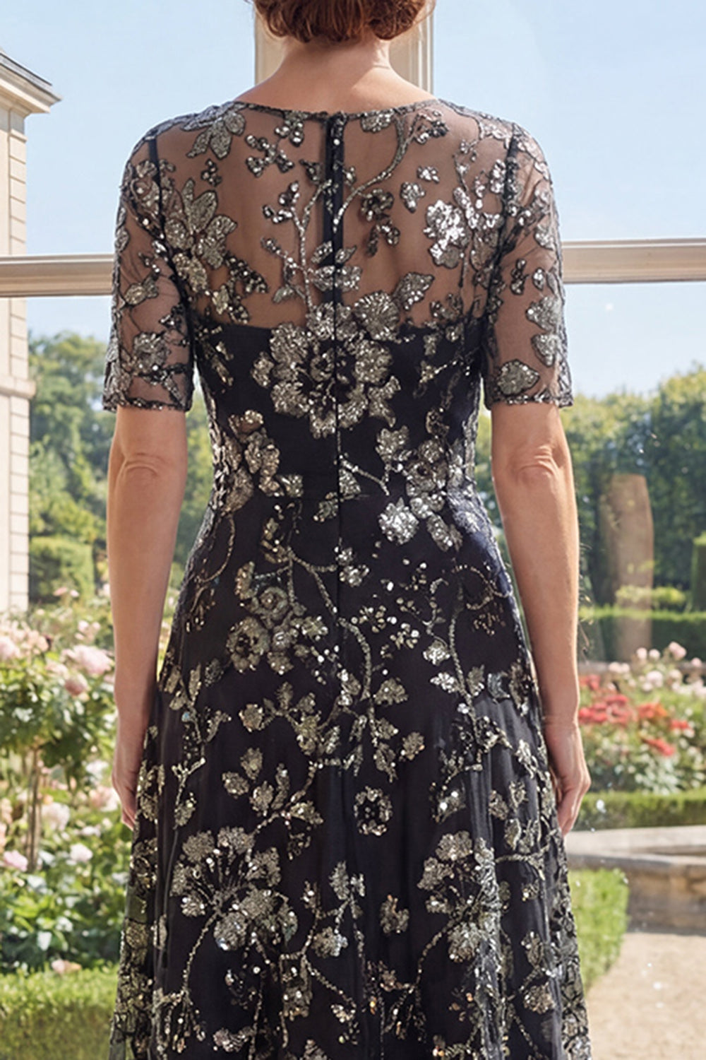 Black Short Sleeve Appliqued A Line Mother of the Bride Dress