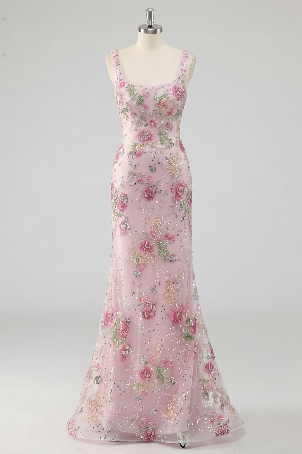Pink Floral Sequin Square Neck Mermaid Maxi Prom Dress