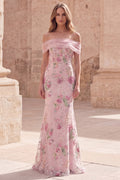 Off The Shoulder Pink Floral Sequin Mermaid Maxi Prom Dress
