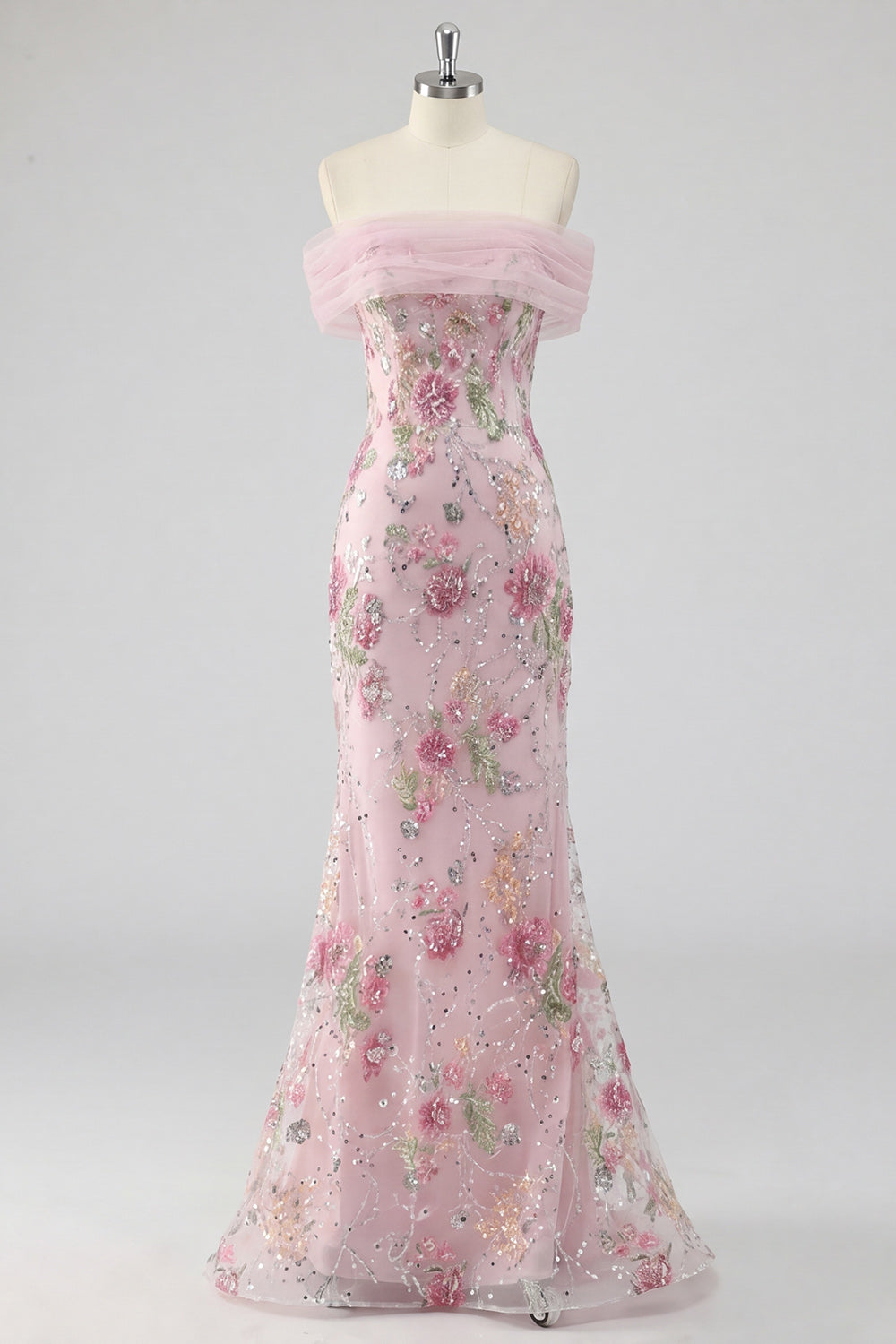 Off The Shoulder Pink Floral Sequin Mermaid Maxi Prom Dress