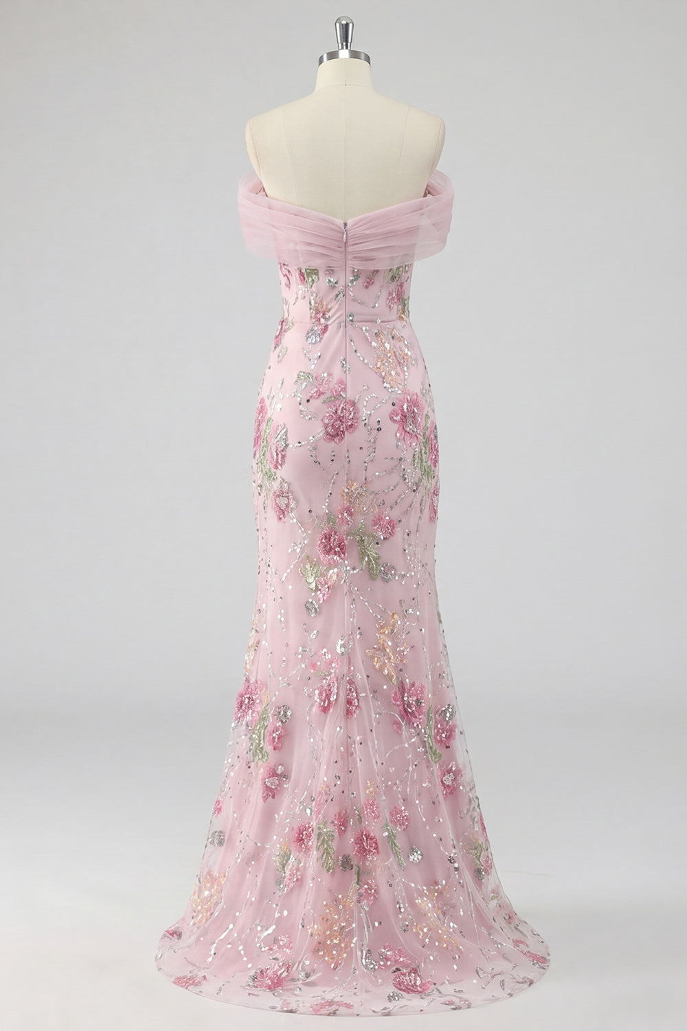 Off The Shoulder Pink Floral Sequin Mermaid Maxi Prom Dress