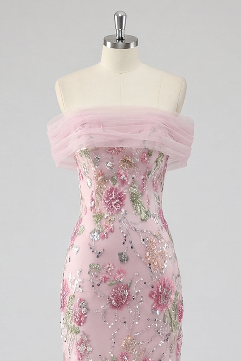 Off The Shoulder Pink Floral Sequin Mermaid Maxi Prom Dress
