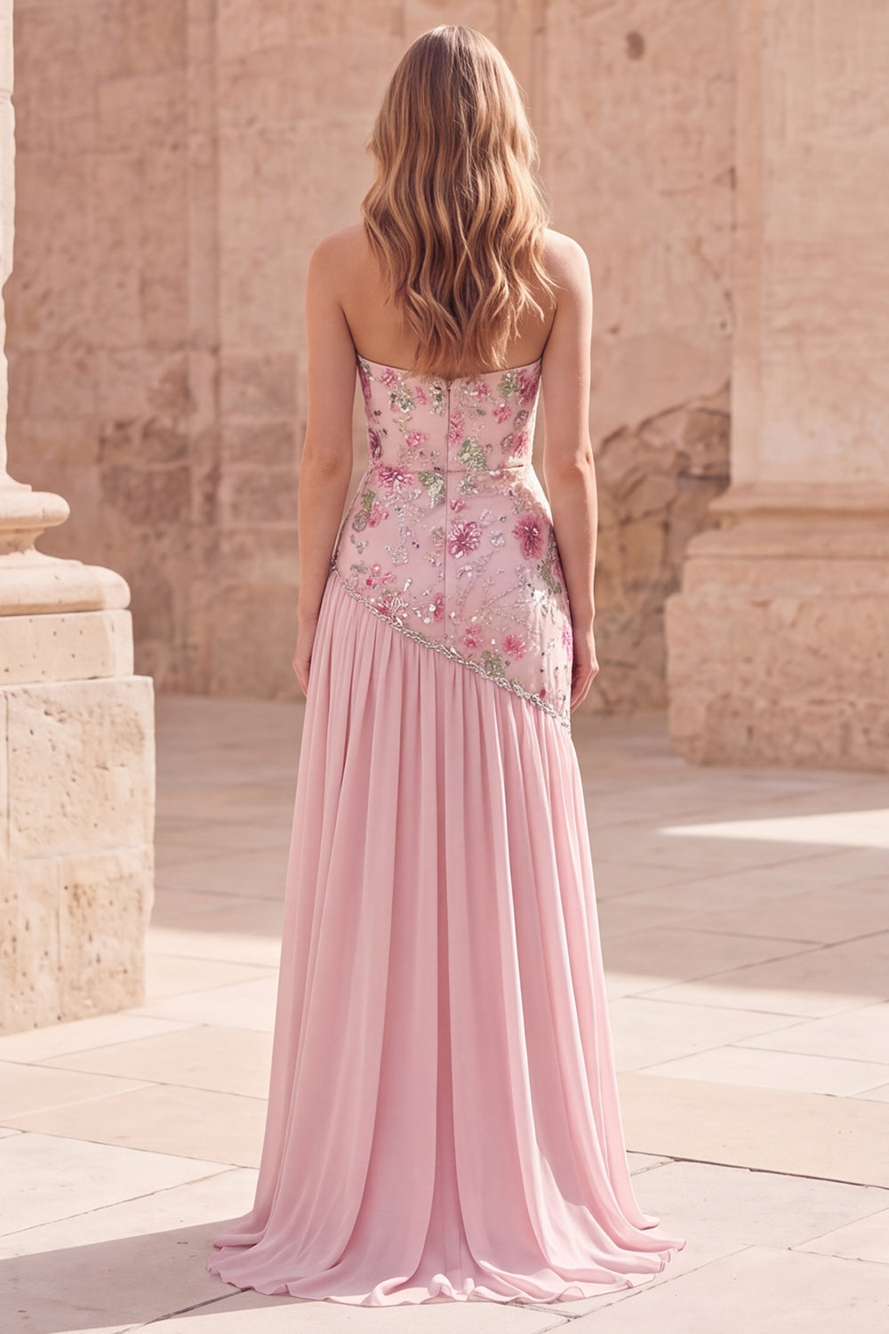Strapless Pink Floral Sequin Prom Dress with Silt