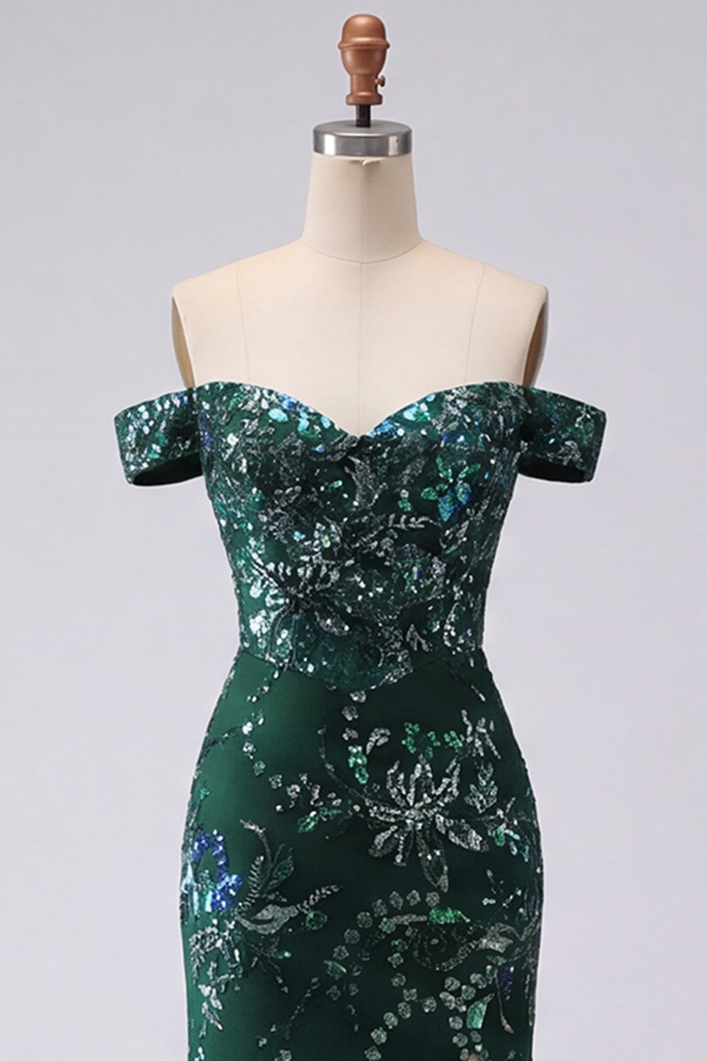 Sparkly Dark Green Off the Shoulder Mermaid Prom Dress with Slit