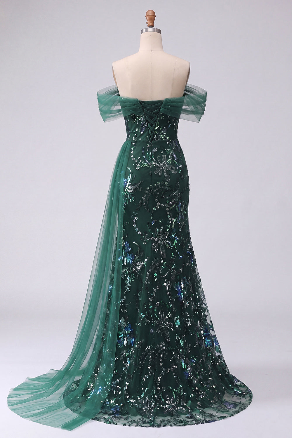 Off the Shoulder Sequin Ruched Dark Green A Line Prom Dress