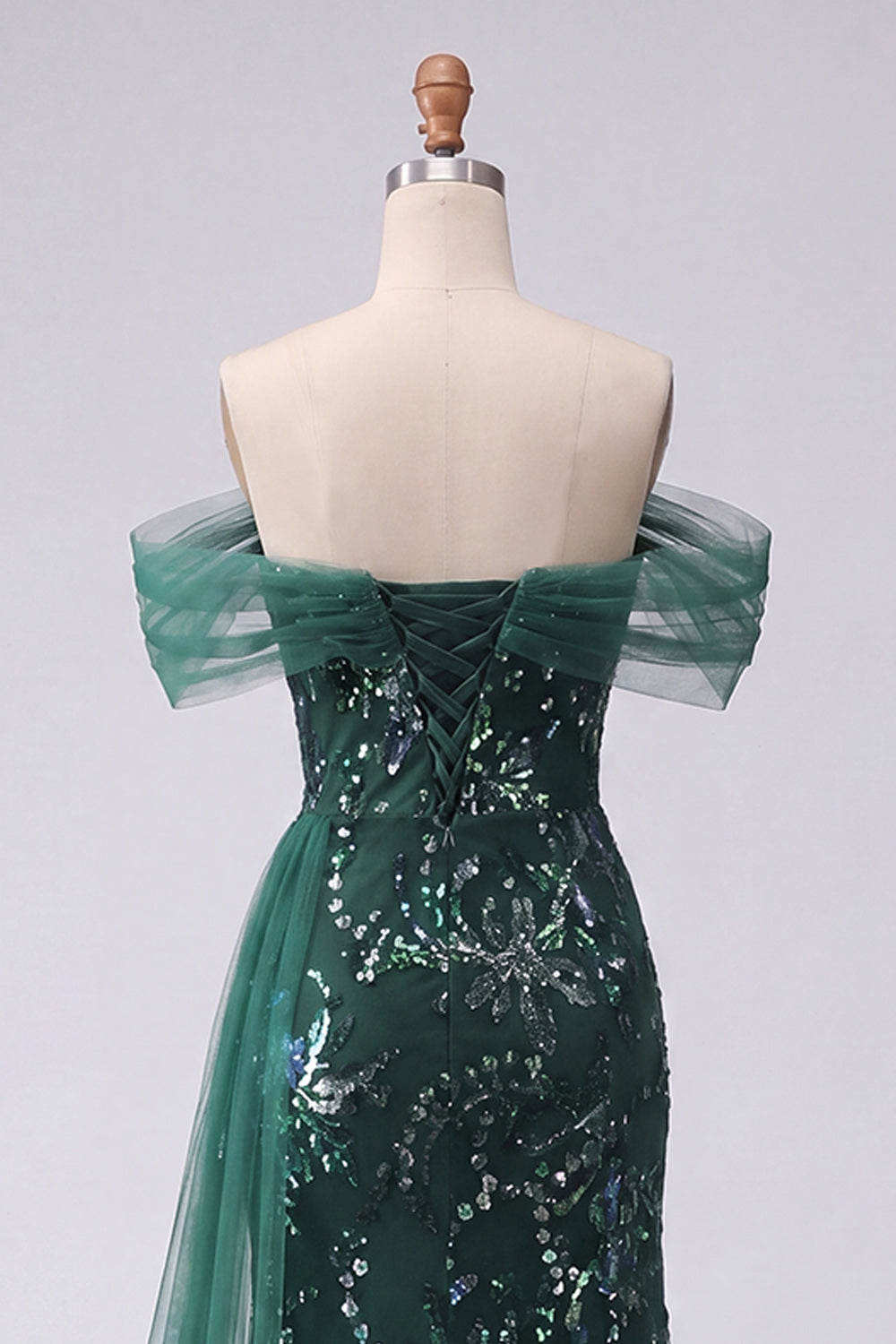 Off the Shoulder Sequin Ruched Dark Green A Line Prom Dress