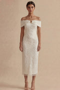 Off the Shoulder Bodycon White Dress with Pearls