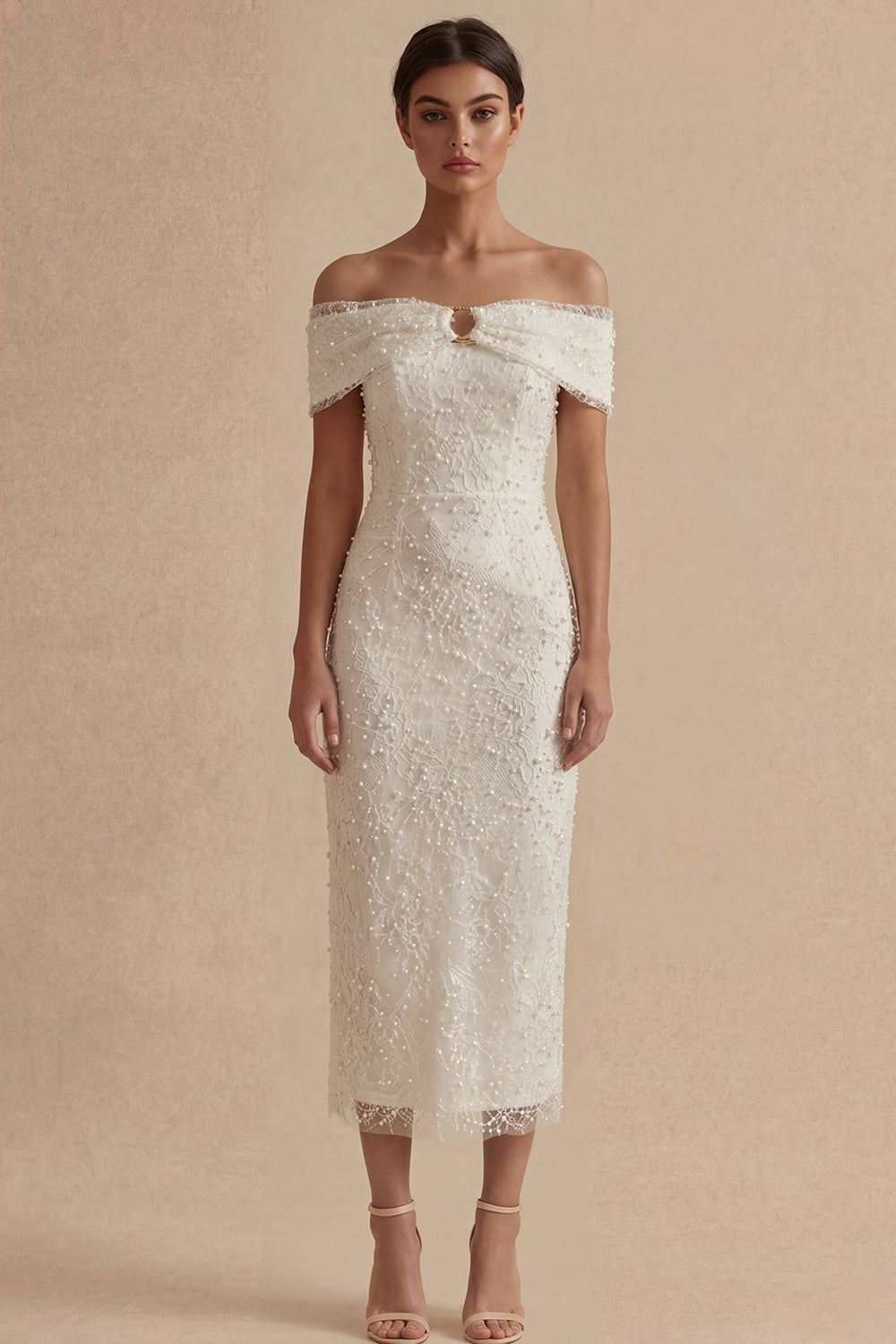 Off the Shoulder Bodycon White Dress with Pearls