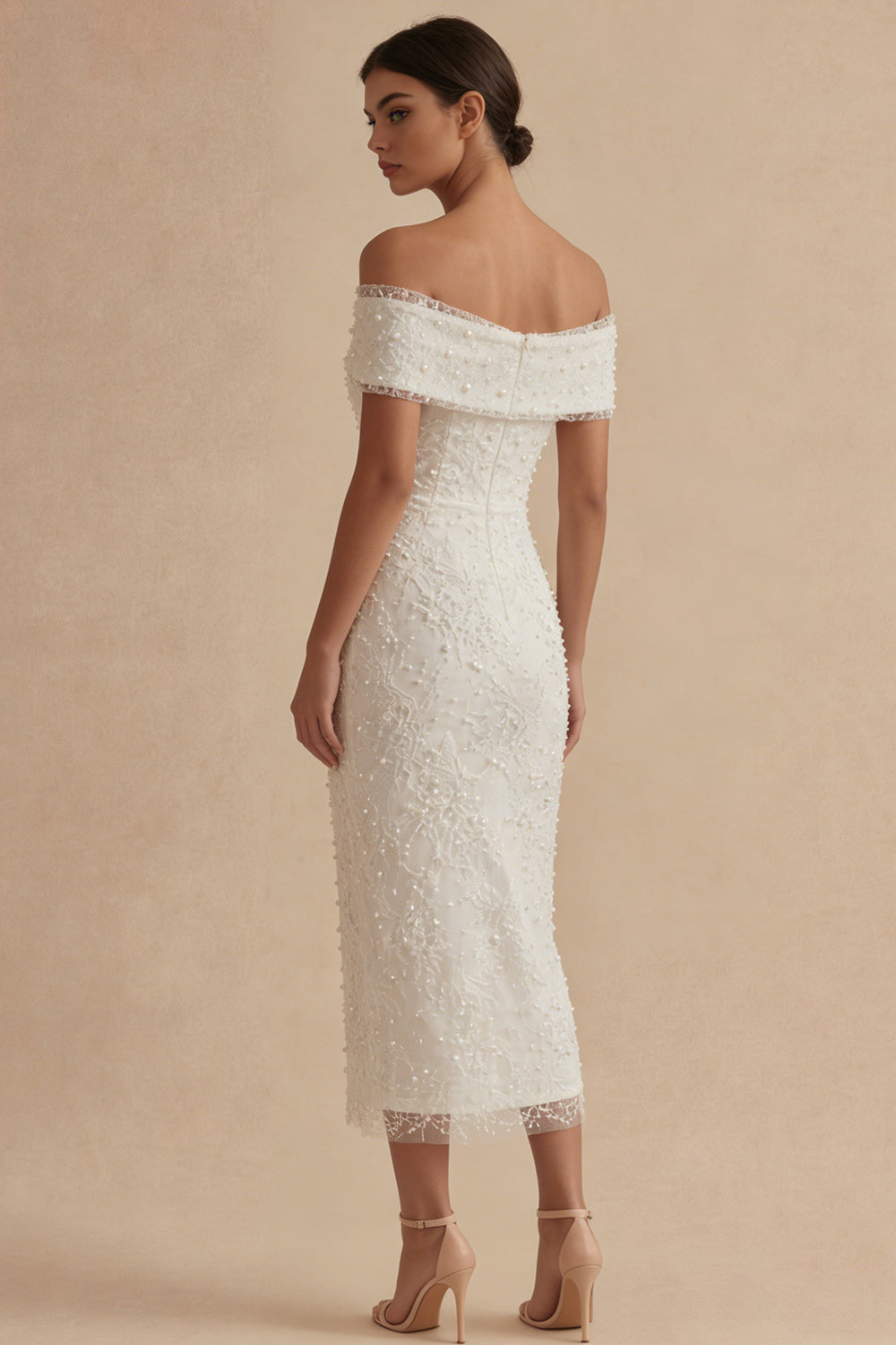 Off the Shoulder Bodycon White Dress with Pearls