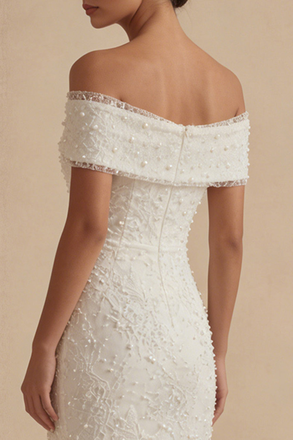 Off the Shoulder Bodycon White Dress with Pearls