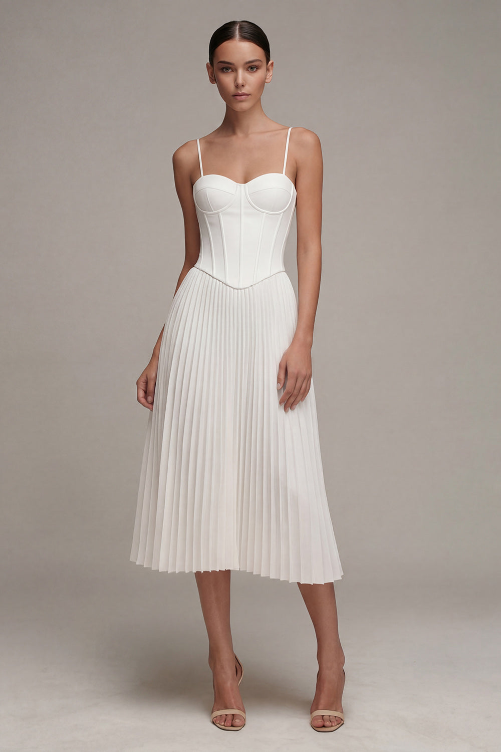 Basque Waist A Line Pleated Midi White Dress