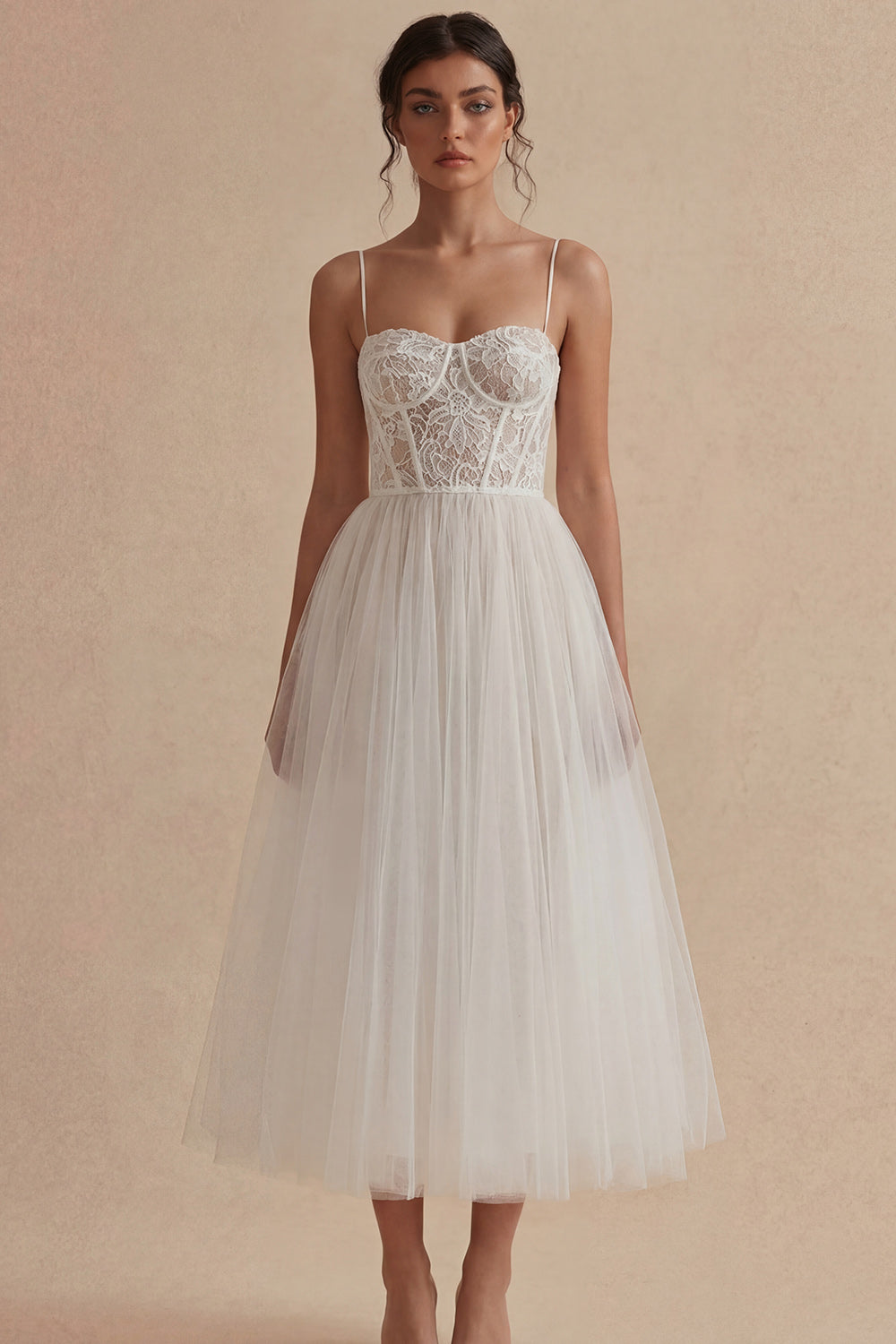 A Line Tulle Lace Corset Midi White Dress