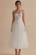 A Line Tulle Lace Corset Midi White Dress