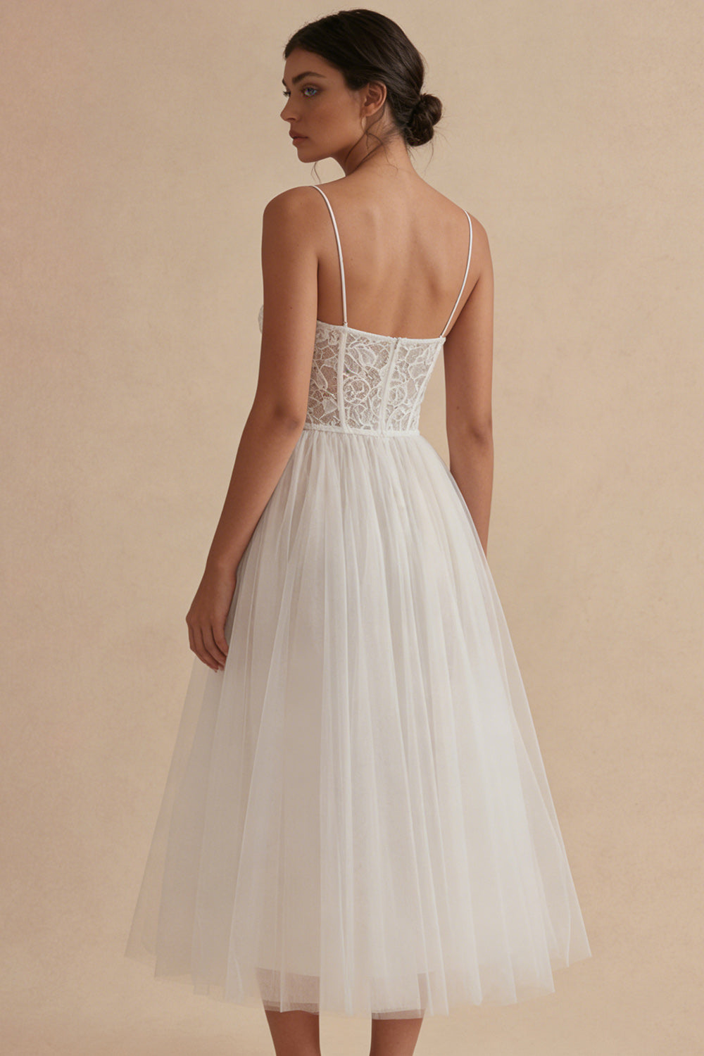 A Line Tulle Lace Corset Midi White Dress