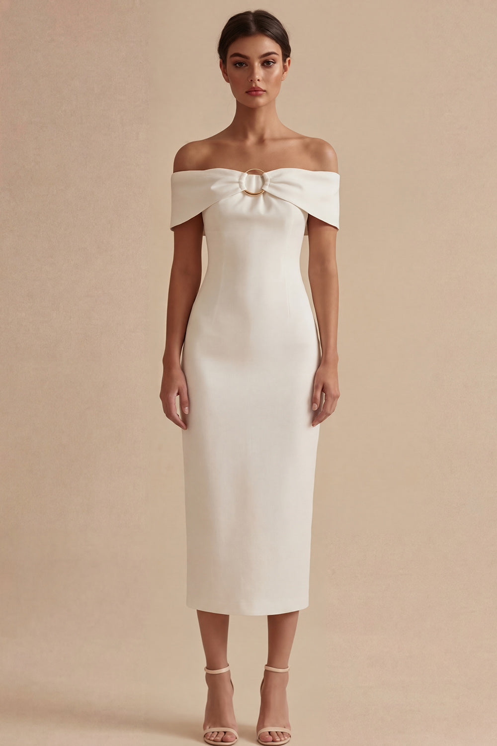 Off the Shoulder Satin Bodycon Midi White Dress