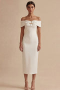 Off the Shoulder Satin Bodycon Midi White Dress