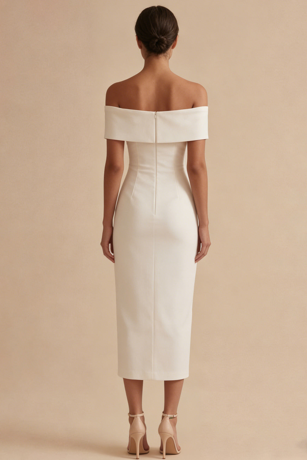 Off the Shoulder Satin Bodycon Midi White Dress