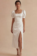Satin Short Sleeve Ruched White Dress with Slit
