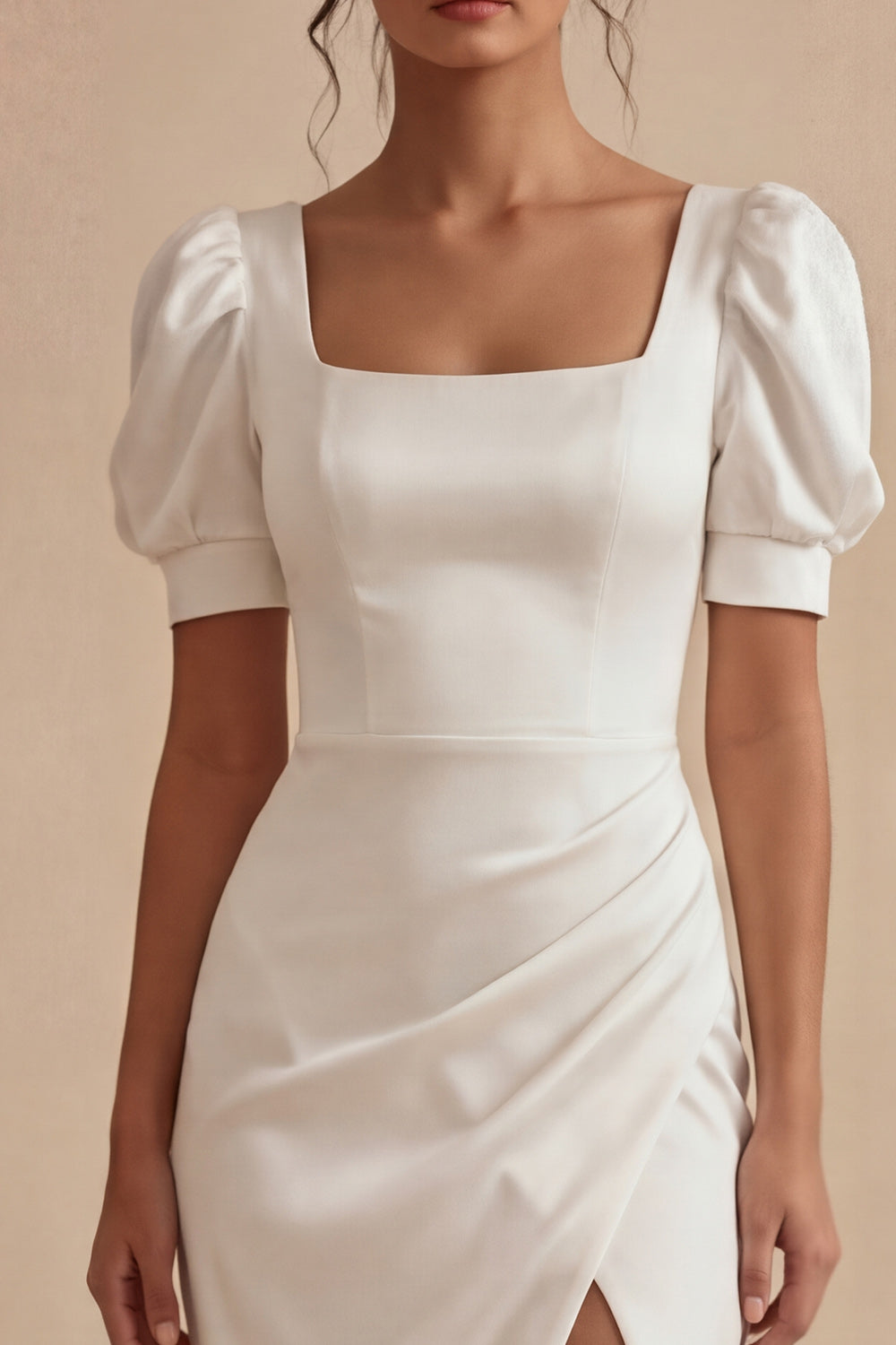 Satin Short Sleeve Ruched White Dress with Slit